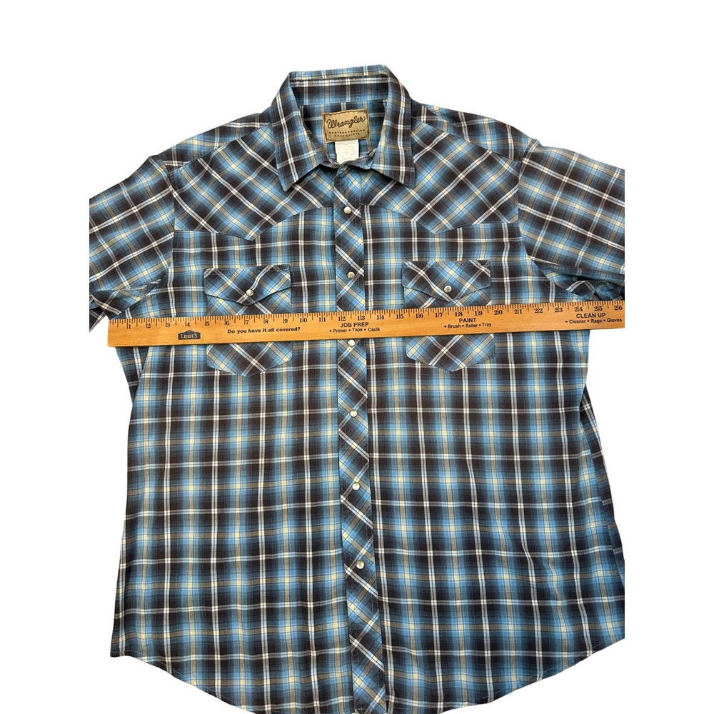 Wrangler Mens Western Snap Shirt Blue Yellow Plaid Short Sleeve XL - Picture 6 of 7